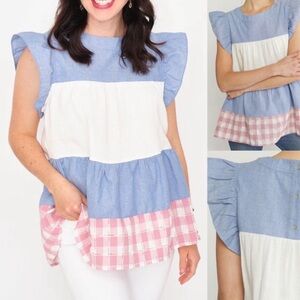 Entro Ruffle Sleeve Color Block Blouse